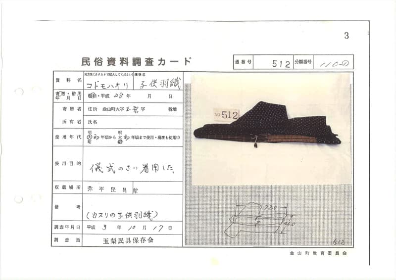 地方名:コドモハオリ